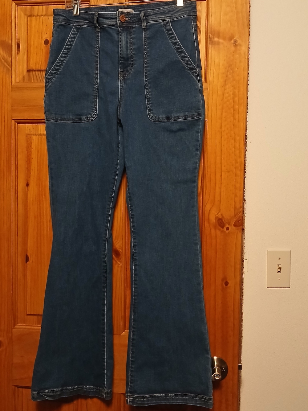 Knox Rose Blue Denim Flare Pants with Front Patch Pockets